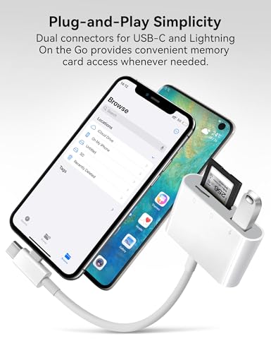 SD Card Reader for iPhone, SD Card Adapter with Lightening & USB C Dual Connectors Plug&Play Supports microSD, SD and USB-A OTG, Portable Trail Camera Memory Reader for iPhone Mac MacBook iPad