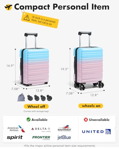 Lekesky 16 Inch Underseat Carry On Luggage Airline Approved, F-Cotton Candy | Durable ABS, Small Underseat Carry-on Luggage with TSA Lock Spinner Wheels, Personal Item Luggage Removable Wheels for Travel - color: F-Cotton Candy, size: 16 Inch