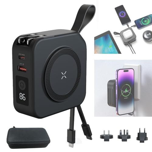 Powerpack Universal 5 in 1 Travel Power Bank - for Magsafe Battery Pack,10000mAh Power Bank with Built in Cable - Wireless Portable Charger for iPhone 15/15 Pro/ProMax, iPhone 14/13/12 Series - color: Black