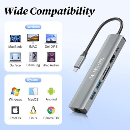 7-in-1 USB-C Hub with Gigabit Ethernet, 100W PD Fast Charging, 4K@30Hz HDMI Adapter, 2 USB 3.0 Ports, SD/TF Card Reader, and Aluminum Alloy Portable Docking Station for laptops/Phones (30Hz) - size: 30Hz