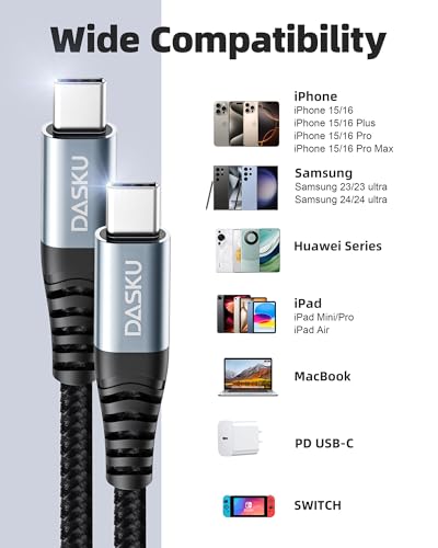 Extra Long USB C to USB C Cable 100W 15ft 2Pack Charger Cable Fast Charging | Compatible with iPhone 17/17 Pro Max, iPhone 16 Series, iPhone 15 Series, Galaxy S24/S23/S22, Car Play, MacBook, iPad - color: Black, size: 15FT 2Pack, style: 100W USB C to USB