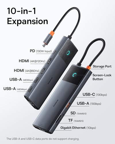 Baseus Docking Station Dual Monitor,10Gbps 10 in 1 Docking Station with 2 HDMI Single 4K@120Hz, Dual 4K@ 60Hz,10Gbps USB C and USB A, Gigabit Ethernet, PD 100W, SD/TF for iPhone 15/Mac/Dell/HP/Lenovo - size: 10 in 1