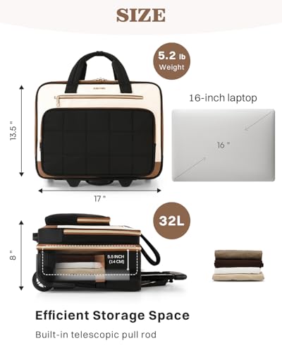 Rolling Puffer Laptop Bag, Rolling Briefcase for Women, Wheeled 16 Inch Computer Bag, Water Resistant Stylish Overnight Underseat Carry On Luggage with Wheels for Work Travel Business,Beige Brown - color: Saffiano Beige Brown