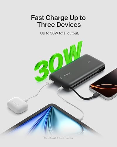 Belkin 20000mAh 30W USB C Power Bank, Portable Charger for iPhone & iPad | Fast Charging, Integrated USB C Cable, Eatra USB C Port, iPhone 17, iPad, Samsung Galaxy S26, Charge 2 Devices - color: Black, style: 20K mAh