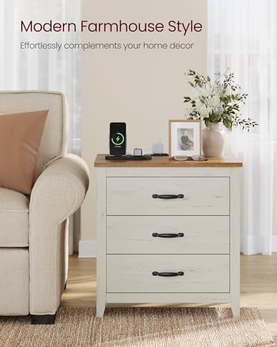 VASAGLE LIRY Collection - Farmhouse Nightstand with Charging Station, Set of 2, Bedside Tables, Side End Tables with 3 Drawers, for Bedroom, Rustic White and Honey Brown ULET979W01 - color: Rustic White + Honey Brown, size: 2 PACK, style: 23.6"W x 24.8"H