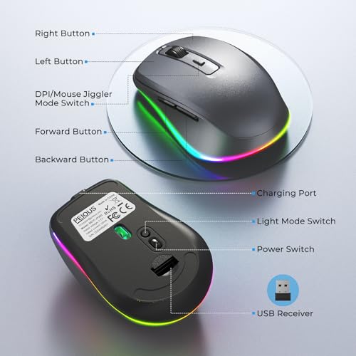 PEIOUS Wireless Mouse Jiggler - LED Wireless Mice with Build-in Mouse Mover, Rechargeable Moving Mouse for Laptop with Undetectable Random Movement Keeps Computers Awake - Space Grey - color: Space Grey