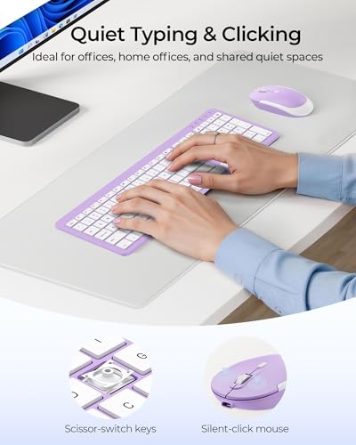 seenda Rechargeable Wireless Keyboard and Mouse Combo, Purple | Quiet, slim full-size keyboard with numpad, 2.4GHz USB receiver, USB-C charging, 3-level DPI mouse for Windows PCs/laptops - color: Purple