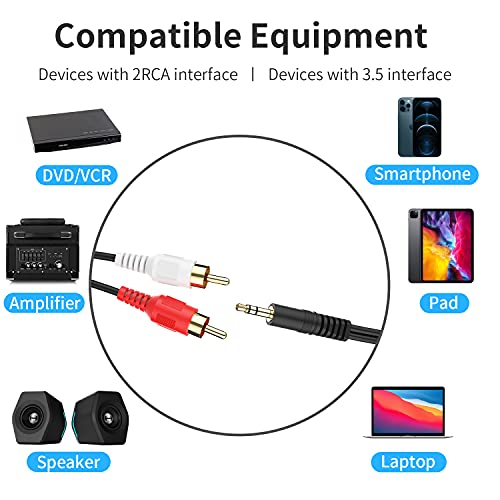 3.5mm to 2 Male RCA Cable - 6FT Stereo Audio Adapter Braided Hi-Fi Sound Auxiliary Y Splitter, Metal Shell Shielded Aux RCA Y Cord Compatible with Smartphone, MP3, Tablet, Speaker - size: 6FT