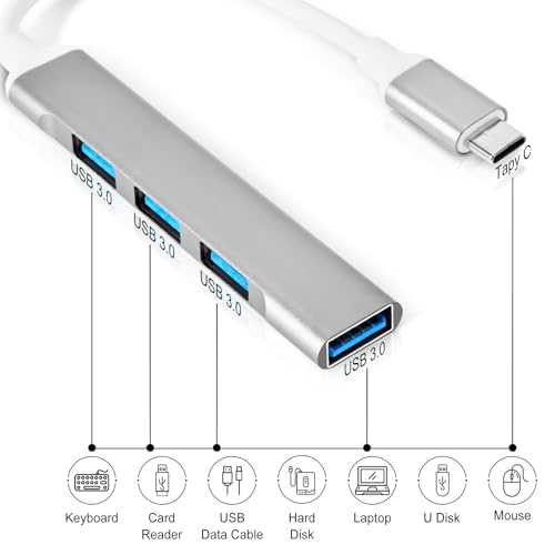 QAJOPFN 4 Ports USB C to USB Hub, Aluminum Type C to USB A 3.0 Adapter, Plug and Play USB Extender for MacBook Pro/Air, Laptop, Keyboard and Mouse