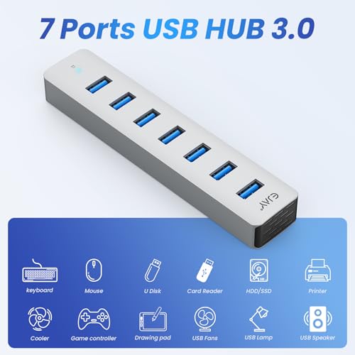EJAY 7-Port Desktop USB 3.0 Hub for PC with Extra Power Port, Aluminum USB Splitter 5Gbps Data Transfer, 3.28ft Long Data & Power Cables for Laptop, Mac, Windows, Linux