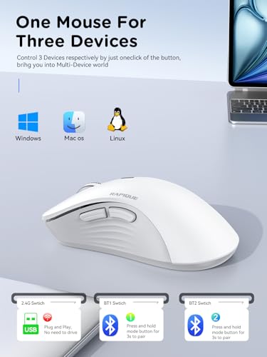 RAPIQUE Wireless Mouse - Dual Bluetooth & 2.4 GHz, White and Grey | Ergonomic Design, Quiet Clicks, Low Power - Multi-Device Compatibility for Laptop, Computer, iPad, MacBook, Chromebook - color: White and Grey
