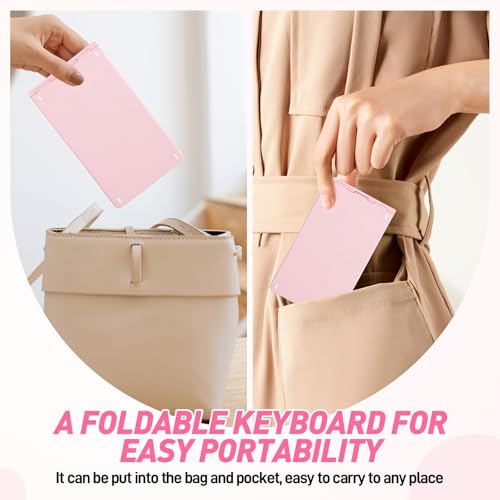 Mini Rechargeable Foldable Bluetooth Keyboard and Mouse Combo, Portable (Sync Up to 3 Devices), Ultra-Slim Travel Folding Keyboard for iPhone iPad Mac Android Windows iOS（Pink） - color: pink