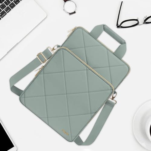 MOSISO Vertical Laptop Bag, Computer Bags | Rhombus Quilted Laptop Shoulder Bag with Trolley Sleeve&Pocket&Handle - color: Antique Green, size: 16 inch