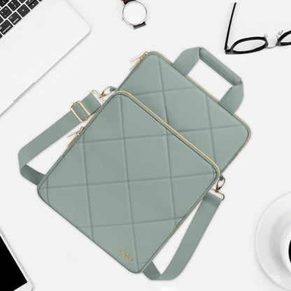 MOSISO Vertical Laptop Bag, Computer Bags | Rhombus Quilted Laptop Shoulder Bag with Trolley Sleeve&Pocket&Handle - color: Antique Green, size: 16 inch