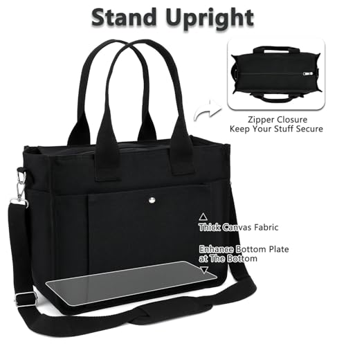 Fammart Large Canvas Tote Bag for Women with Zipper & Compartments, Crossbody Laptop Bags for Work College Travel - color: Black