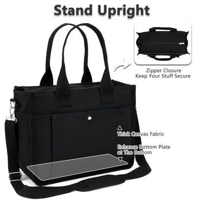 Fammart Large Canvas Tote Bag for Women with Zipper & Compartments, Crossbody Laptop Bags for Work College Travel - color: Black