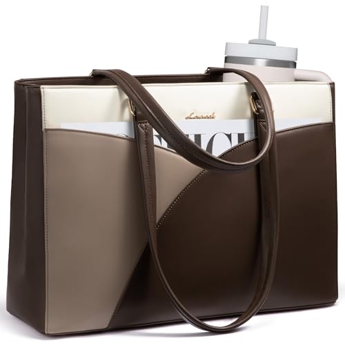 LOVEVOOK Laptop Bag for Women,15.6 Inch Work Teacher Bags Leather Tote Bag for Women Briefcase for Women Waterproof Computer Bag for Women，White Chestnut Curry - color: White Chestnut Curry, size: 15.6 Inch