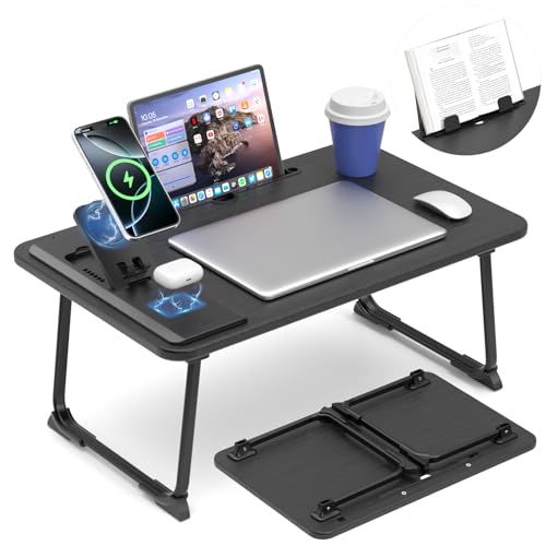 Lap Desk Bed Table with Wireless Charger - Foldable Large Laptop Tray with Tablet Slot and Book Shelf, No Assembly Table for Couch Chair Floor for Sturdy, Writing, Studying Eating, and WFH