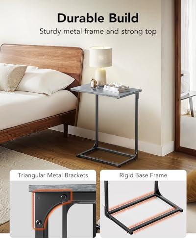 Pipishell C-Shaped Side Table, C Table for Sofa with Two-Piece Desktop & Metal Frame, Large Surface End Table for Living Room, Bedroom, Bedside, Rustic Design, Grey