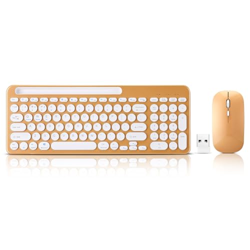 Wireless Keyboard and Mouse Combo with Phone Tablet Holder, Rechargeable Dual-Mode (Bluetooth 5.0 and 3.0 +2.4G) Multi-Device Silent Mouse for Windows, iPad, Tablet, MacOS,iOS,Android (Gold) - color: gold