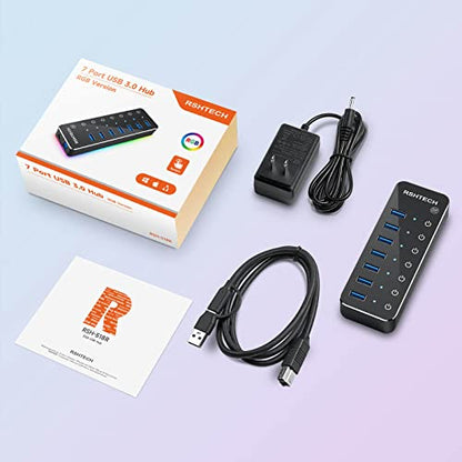 RSHTECH RGB USB Hub, USB C/USB 3.0 to 7-Port Powered USB Hub, RSH-518R | Gaming USB Hub Splitter with 14-Mode RGB LED Strip, 3.3ft USB-C/A Cable, 5V/4A Power Adapter and Individual Touch Switches