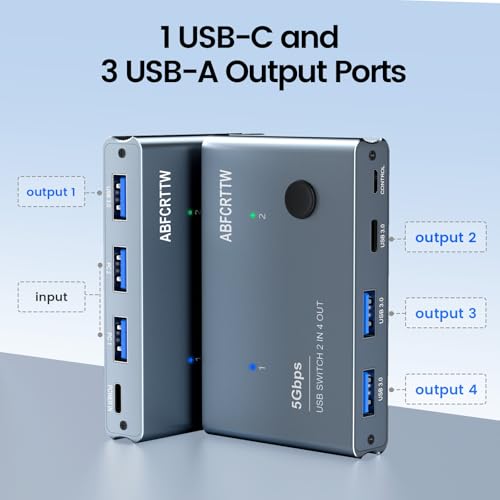 USB 3.0 Switch 2 in 4 Out with Desktop Controller, Aluminum USB Switch for 2 Computers with 1xUSB C Port and 3xUSB A Ports, 2 USB A to A Cables for Mouse, Keyboard, Printer, Webcam, U-Disk