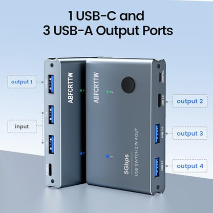 USB 3.0 Switch 2 in 4 Out with Desktop Controller, Aluminum USB Switch for 2 Computers with 1xUSB C Port and 3xUSB A Ports, 2 USB A to A Cables for Mouse, Keyboard, Printer, Webcam, U-Disk