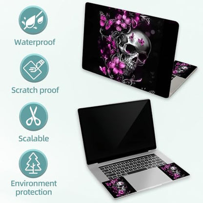 Universal Laptop Skin Decal, 3-Piece Vinyl Protector for 12 13 14 15.6" Notebook, Waterproof Anti-Scratch, Easy Trim & Bubble-Free Finish, Skull Purple Flowers - color: Skull Purple Flowers