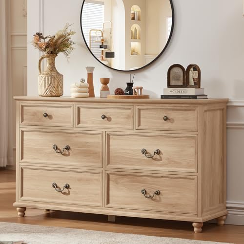 Joaxswe Farmhouse 54" 7 Drawers Dresser for Bedroom, Wide Wood Chest of Drawers w/ 4 Wooden Legs, Vintage Rustic Large Closet Storage Dressers Organizer for Hallway, TV Stand for Living Room, Natural - color: Natural, size: 16"D x 54"W x 32"H (7 Drawers)