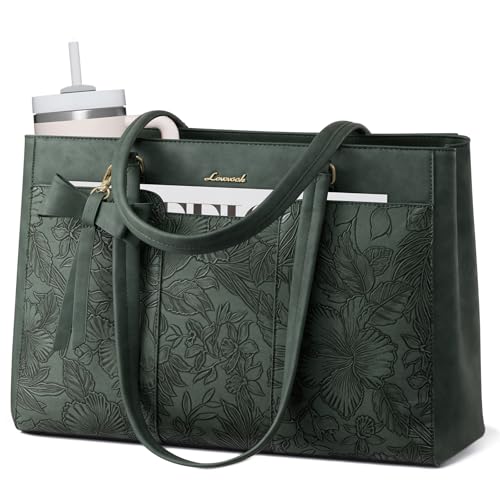 LOVEVOOK Laptop Tote Bag for Women,15.6 Inch Work Bags PU Leather Teacher Tote Bag,Waterproof Quilted Computer Bag for Office Professional Briefcase Gifts - color: Green Embossed-a, size: 15.6 Inch