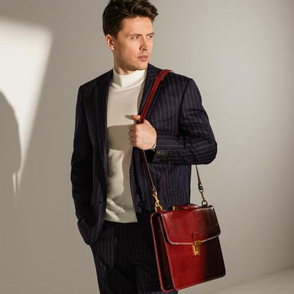 Time Resistance Leather Briefcase - Italian Handmade Leather Laptop Bag - Handbag for Men - Professional Computer Case - color: Red