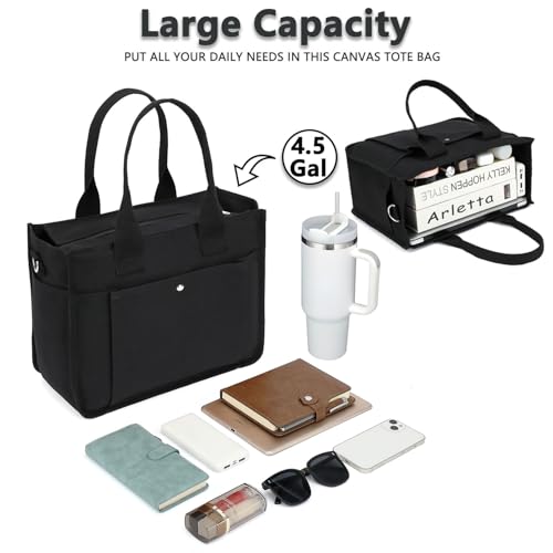 Fammart Large Canvas Tote Bag for Women with Zipper & Compartments, Crossbody Laptop Bags for Work College Travel - color: Black
