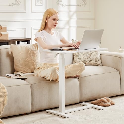 Mobile Standing Desk with Wheels, Rolling Laptop Table, Adjustable Overbed Table for Hospital & Home Use, Compact & Sturdy, Modern White