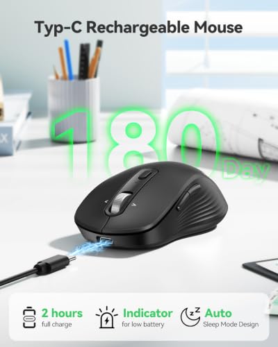 TECKNET Rechargeable Bluetooth Mouse, [ USB + BT5.0 + BT3.0 ] Wireless Mouse, Ergonomic 4-Way Scroll Wheel Computer Mice, 6-Level 4800 DPI Silent Mice, Multi-Device for Computer/Laptop/MacBook (Black) - color: Black