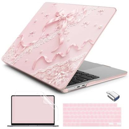 Batianda Case for MacBook Air 13.6" 2026 M5 M4 M3 M2 Chip,Blush Ribbon Lace | 4-in-1 set with coquette style pink ribbon lace art, slim hard shell protection for girls, students and aesthetic users - color: Blush Ribbon Lace