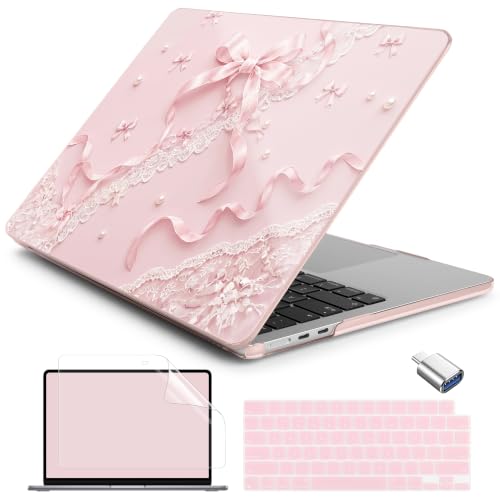 Batianda Case for MacBook Air 13.6" 2026 M5 M4 M3 M2 Chip,Blush Ribbon Lace | 4-in-1 set with coquette style pink ribbon lace art, slim hard shell protection for girls, students and aesthetic users - color: Blush Ribbon Lace