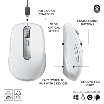 Logitech MX Anywhere 3S Compact Wireless Mouse, Fast Scrolling, 8K DPI Any-Surface Tracking, Quiet Clicks, Programmable Buttons, USB C, Bluetooth, Windows PC, Linux, Chrome, Mac - Pale Grey - color: Pale Grey, style: USB-C Charge