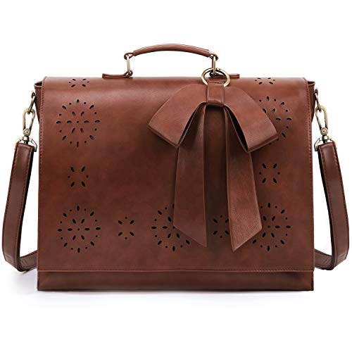 ECOSUSI Women's Briefcase Vegan Leather Laptop Bag for Work Shoulder Computer Satchel Bag with Detachable Bow - color: L-coffee