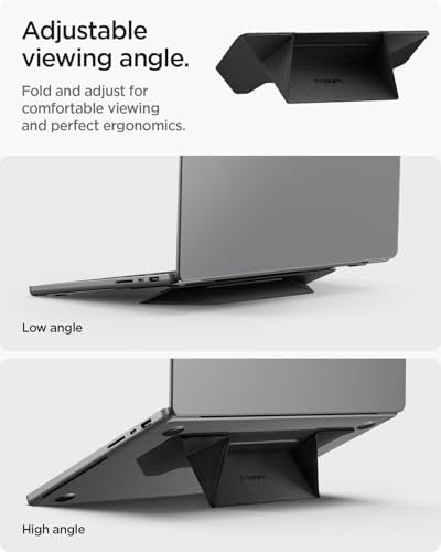 Spigen Slim Fold Adhesive Laptop Stand Foldable Portable Dual Ergonomic Angle Adjustment Lift Anti-Slip Compatible with MacBook Neo, MacBook Air, MacBook Pro 11"-16" and More - Black (LD201-S3) | Dual Ergonomic Angle Adjustment Lift Anti-Slip for MacBook