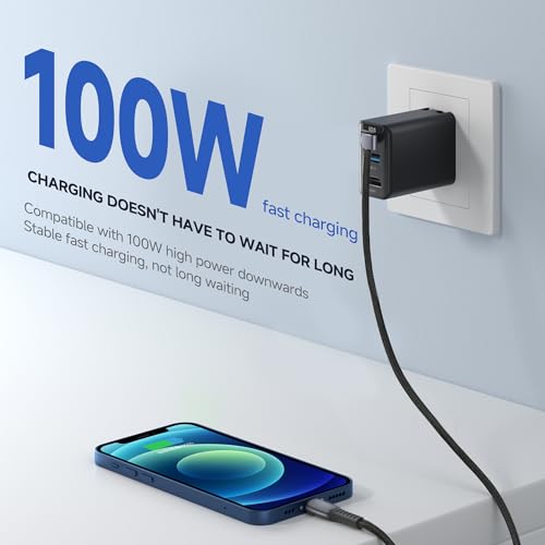 FINEANDENG Nylon USB-C to USB-C Short Fast Charging Cable 9.84 Inch Type C Male to Male Power Bank Dedicated Data Cable for Mobile Phones,Power Banks,Laptops,etc (90 Degrees 100w)