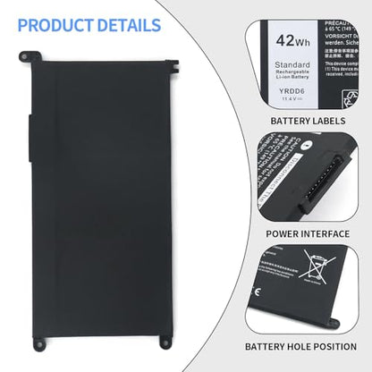 YRDD6 42Wh Laptop Battery Replacement for Dell inspiron 14 15 17 3000 3501 3582 3583 3584 3593 3493 3793 5480 5481 5482 5485 5491 5493 5584 5585 5590 5591 5593 5594 5598 7586 Vostro 5481 1VX1H P93G