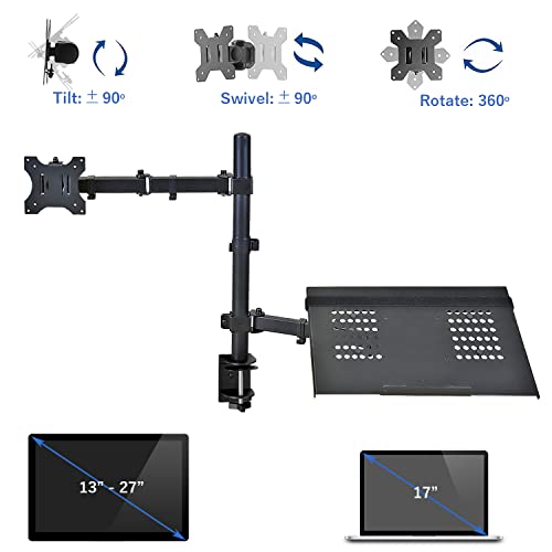AEONS Monitor and Laptop Desk Mount Combo Stand with Notebook Tray fits 17 inch, 2-in-1 Adjustable Dual Arm Mount fits up to 32 inch LCD Screen with VESA, Clamp and Cable Management, Black - style: Dual Arm & Tray, Black