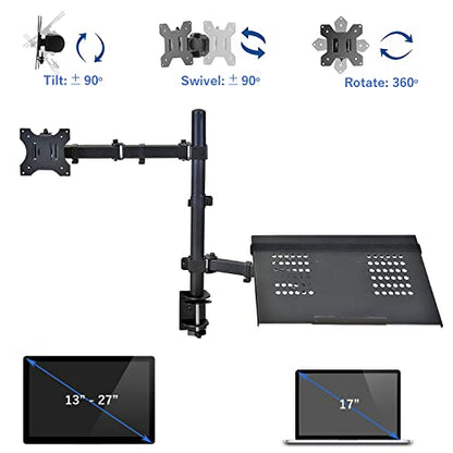 AEONS Monitor and Laptop Desk Mount Combo Stand with Notebook Tray fits 17 inch, 2-in-1 Adjustable Dual Arm Mount fits up to 32 inch LCD Screen with VESA, Clamp and Cable Management, Black - style: Dual Arm & Tray, Black
