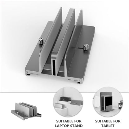 KOMBIUDA Aluminum Adjustable Dual-Slot Vertical Laptop Stand Tablet Base Holder Gray for Desk Organization and Space Saving