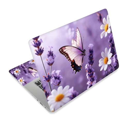 Universal Laptop Skin Sticker Decal, 15.6 Inch Laptop Vinyl Cover for 13"-15.6" Laptop, Waterproof Scratch-Resistant Protector Wrap,Reusable with Wrist Pads,Purple Butterfly Lavender Daisies - color: Purple Butterfly Lavender Daisies