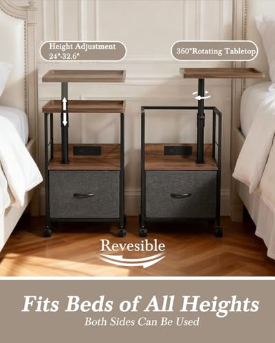 Faesun Swivel Lift Top Nightstand with Charging Station, Rolling Night Stand with Fabric Drawer, Adjustable Bedside Table for Bedroom, Living Room, Walnut Gray, Pro - color: 02 - Walnut Gray, size: 1 Drawer (Tray Top)