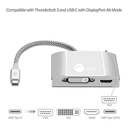 SIIG USB-C to HDMI, DVI and VGA Adapter with 60W PD, CB-TC0911-S1 | Connect a USB-C laptop to HDMI, DVI or VGA displays; 60W pass-through charging supports compact presentation setups.