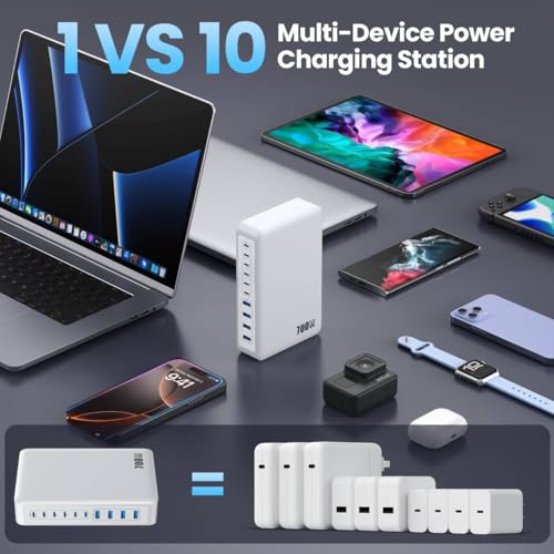 USB C Charger 700W USB C Charger Block,Upgraded GaN V 10-Port Fast Charging Station Hub,3X PD 100W Laptop Charging Adapter Compatible with MacBook Pro/Air,DELL,Steam Deck,iPhone 16/15/14,Galaxy S23 - color: A-White, size: 700W