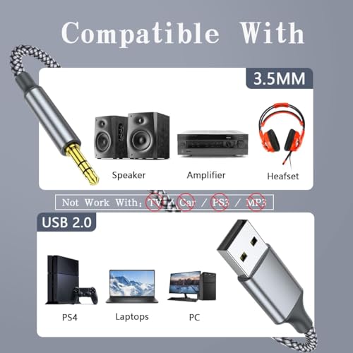 Vcddom USB to 3.5mm TRS Audio Jack Adapter, Aux Cord Compatible with Laptop PC PS5/4 USB Male to AUX Male Jack Audio Cable for Speaker. NOT Work for Charging and MP3 TV Car PS3 Truck
