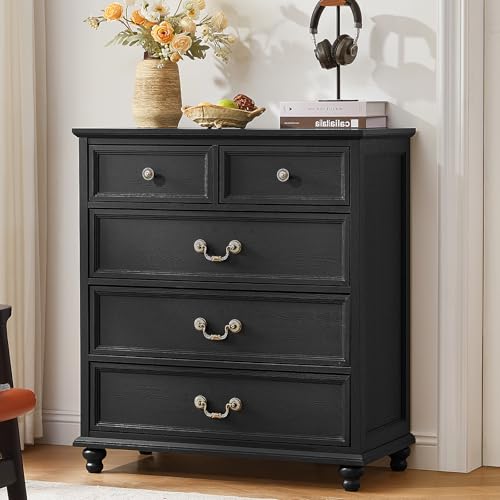 Joaxswe Farmhouse 5 Drawer Dresser for Bedroom, 35" Tall Rustic Chests of Drawers w/ 4 Solid Wood Feet, Mid Century Modern Wooden Closet Storage Dressers Organizer for Living Room, Hallway,Black - color: Black, size: 15.7"D x 31.5"W x 35.2"H (5 Drawers)